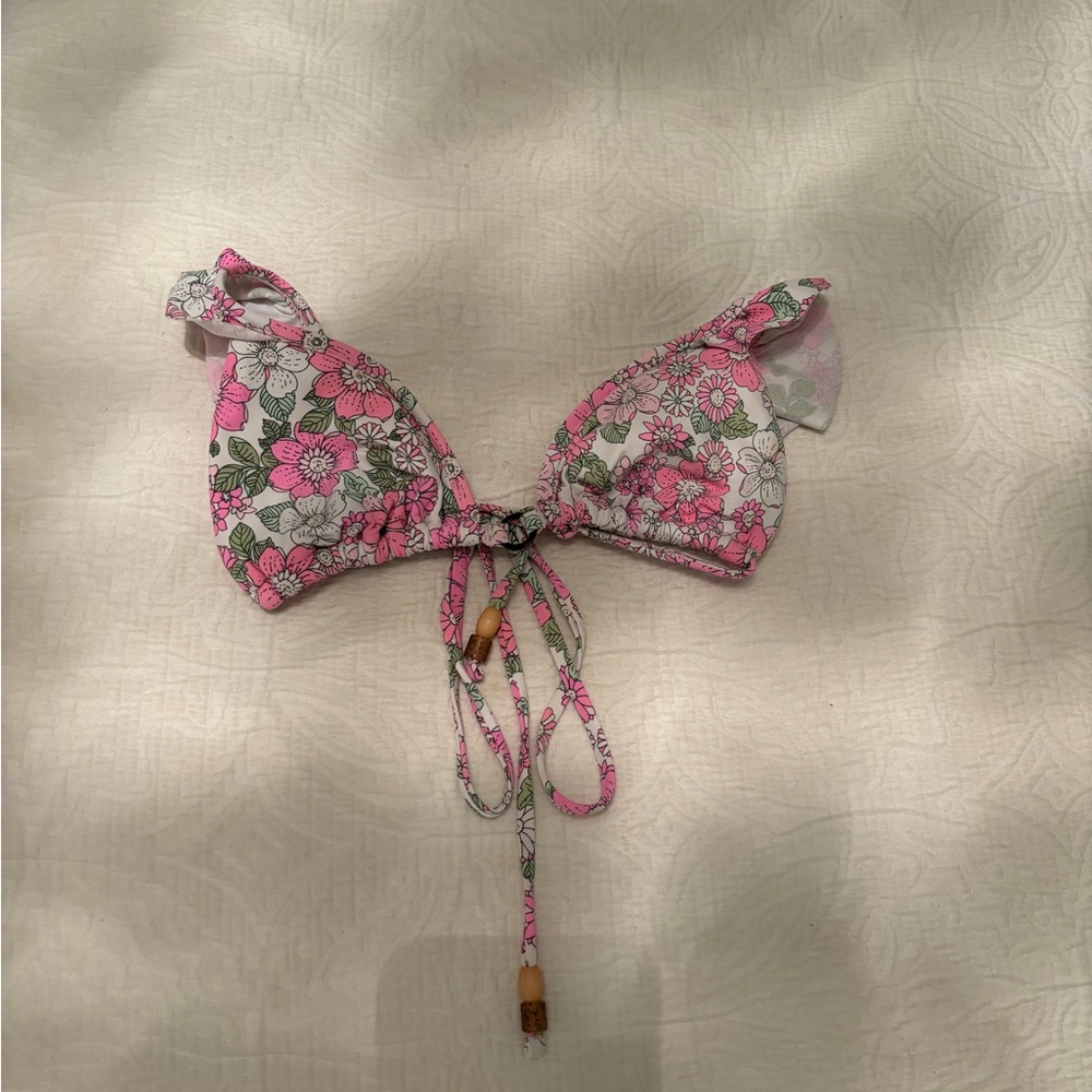 Maaji Flower Power Pirouette Sliding Triangle Pink Ruffle Bikini Top